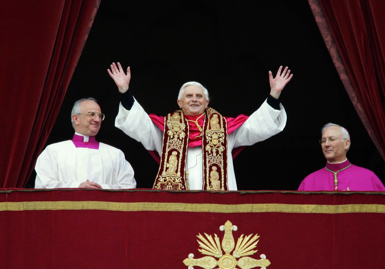 Germany's Joseph Ratzinger, Pope Benedict XVI, appears at the window of St. Peter's Basilica main balcony after being elected as the 265th pope of the Roman Catholic Church, on April 19, 2005, in Vatican City.