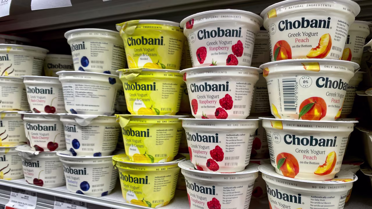 Cups of Chobani greek yogurt sit on a supermarket shelf in San Jose, California. 