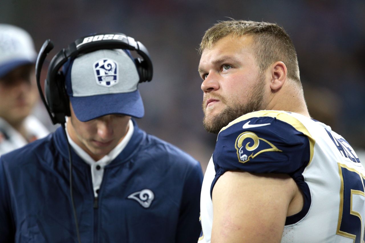 Los Angeles Rams center Brian Allen (55) is seen during an NFL football game against the Detroit Lions in Detroit, Michigan on Sunday, December 2, 2018.