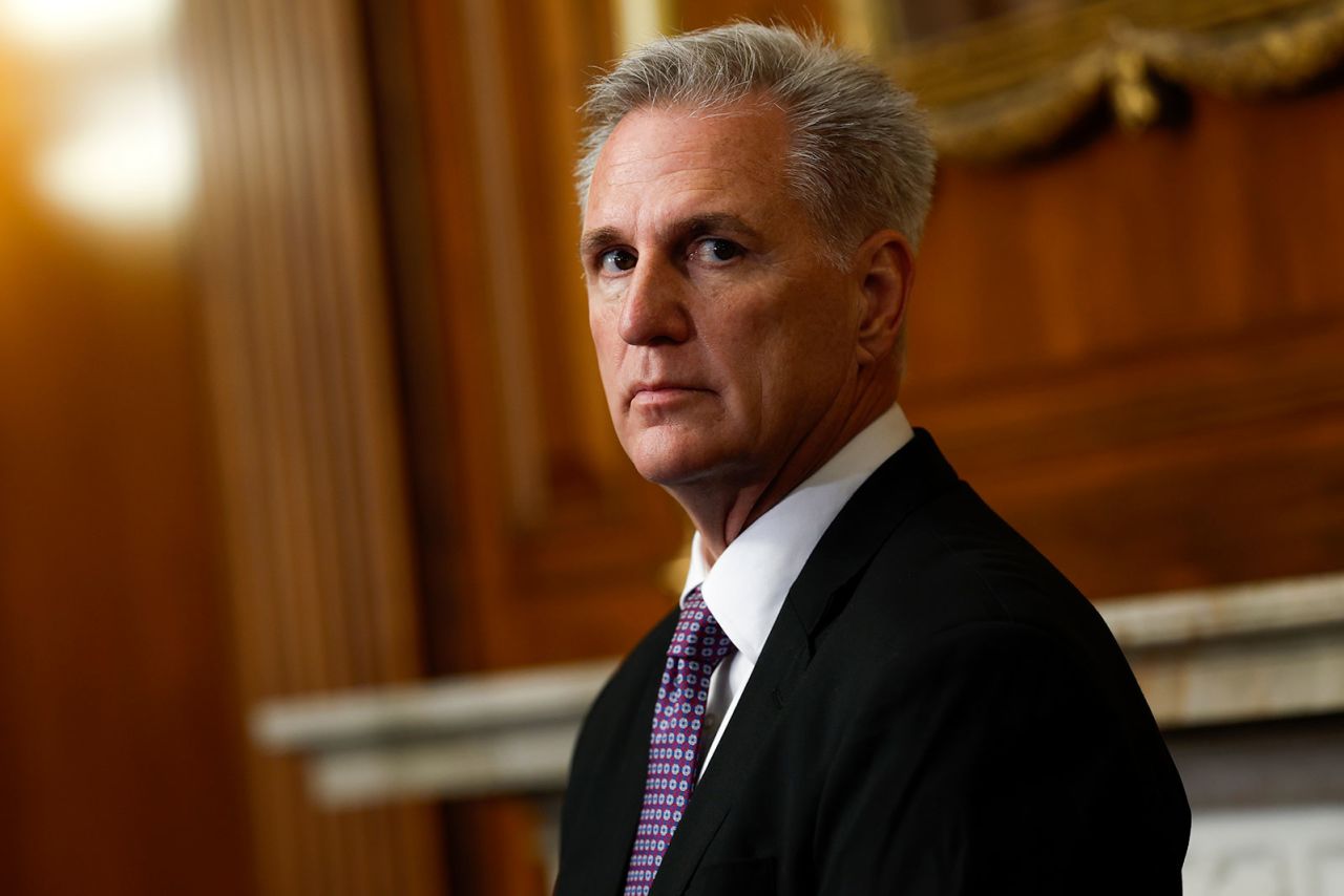 In this September 2023 photo, then-House Speaker Kevin McCarthy listens during a press conference in Washington, DC.?