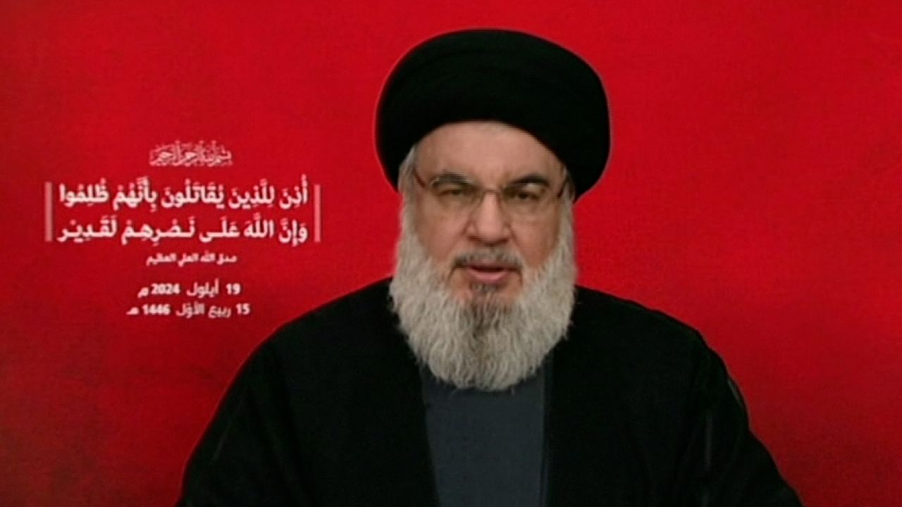 Hezbollah leader Hassan Nasrallah delivers an address on September 19.