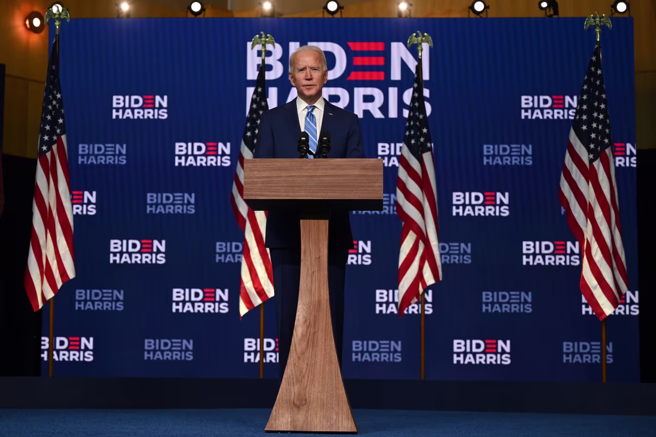 Democratic presidential nominee Joe Biden speaks in Wilmington, Delaware, on November 4.