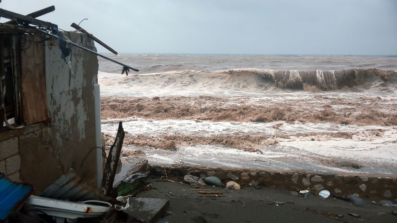 Waves crash ashore as Hurricane Beryl passes through the area on July 03, in Kingston, Jamaica. 