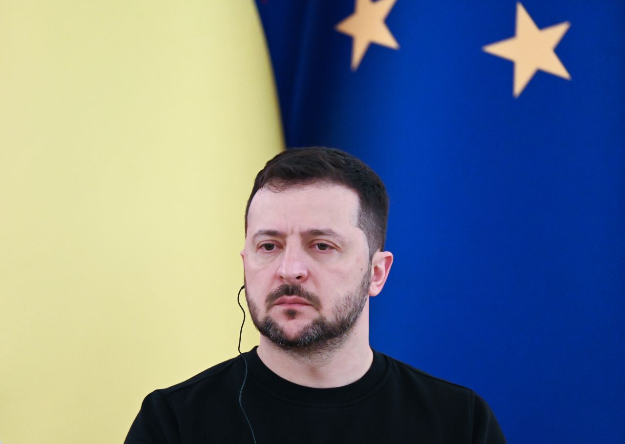 Ukrainian President Volodymyr Zelensky speaks during a joint media conference with in Kyiv, Ukraine, on February 24.