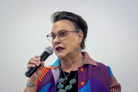Harriet Hageman speaks at a rally in Jackson, Wyoming, on June 14. 