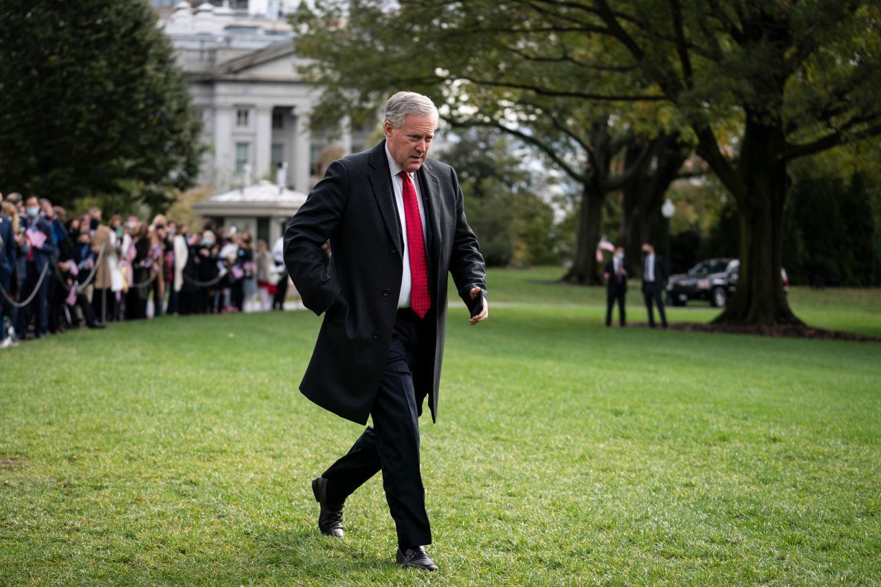 Mark Meadows walks along the South Lawn of the White House in October 2020.