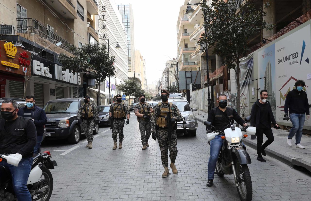 Lebanese state security patrol the capital, Beirut, during a lockdown on March 25.