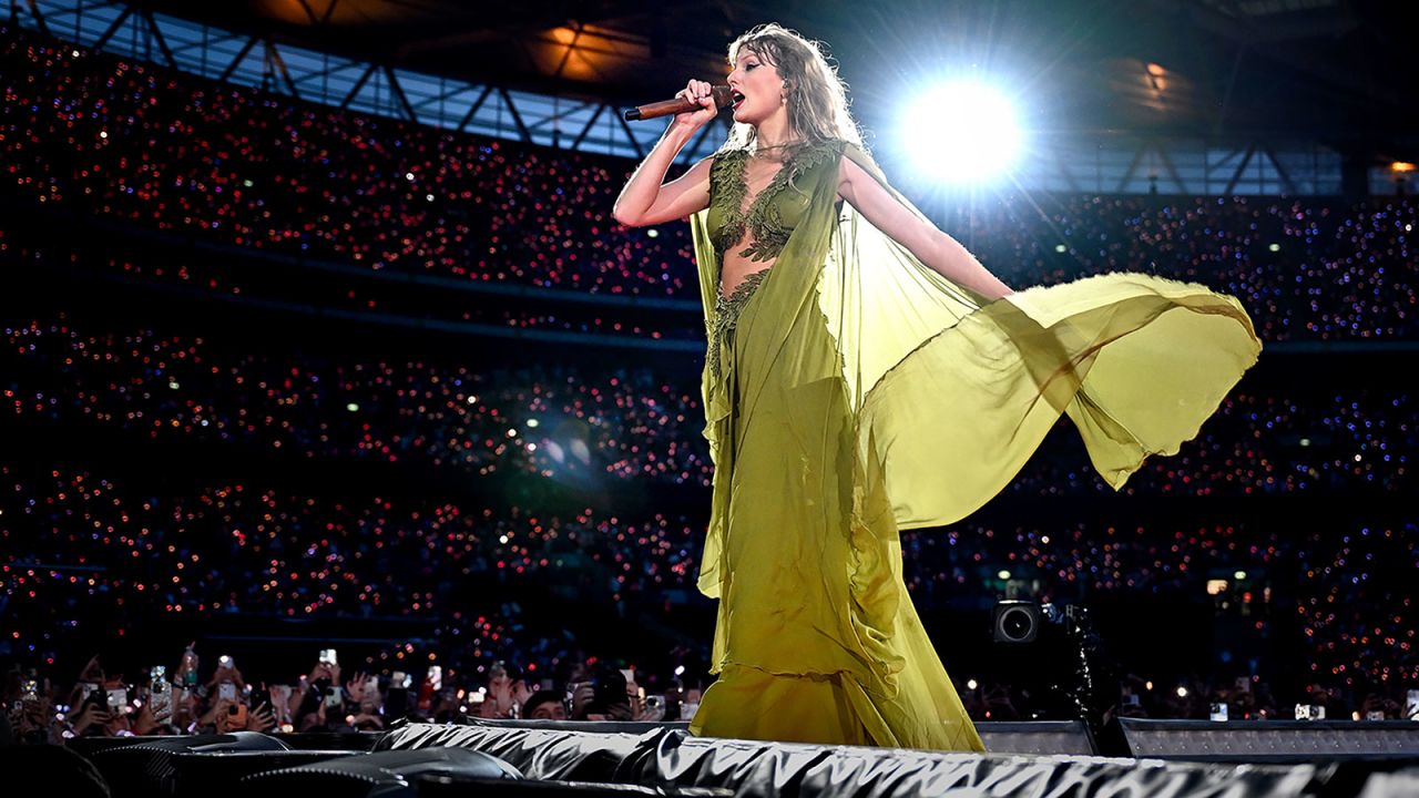 Taylor Swift performs onstage at Wembley Stadium on August 15, in London, England. 