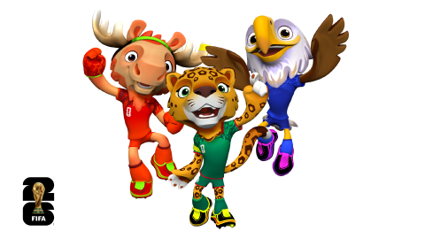 FIFA has unveiled three mascots for the 2026 World Cup. From left are Maple, Zayu and Clutch.