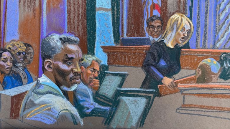 Sketches show Sean “Diddy” Combs sitting in a courtroom among prosecutors and the defense during the opening of the trial in New York City Monday.