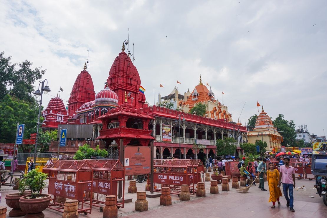 People come from miles away to pray at the Shri Digambar Jain Lal Temple (red) and the Hindu Gauri Shankar Temple (orange) at Chandni Chowk.