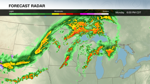 A weather forecast model depicts one possible scenario for where thunderstorms could be located Monday afternoon in the Upper Midwest.