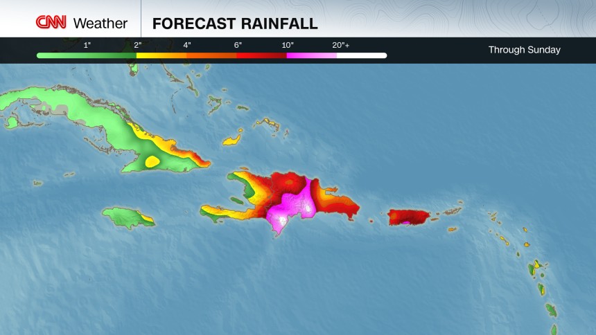 One forecast model shows Melissa dumping a dangerous amount of rain over portions of the Caribbean through the weekend.