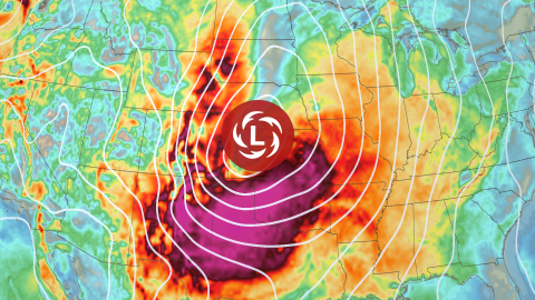 Strong wind gusts (oranges, reds and purples) will impact much of the central US later this week as a powerful coast-to-coast storm (denoted by the red L) tracks through the area.