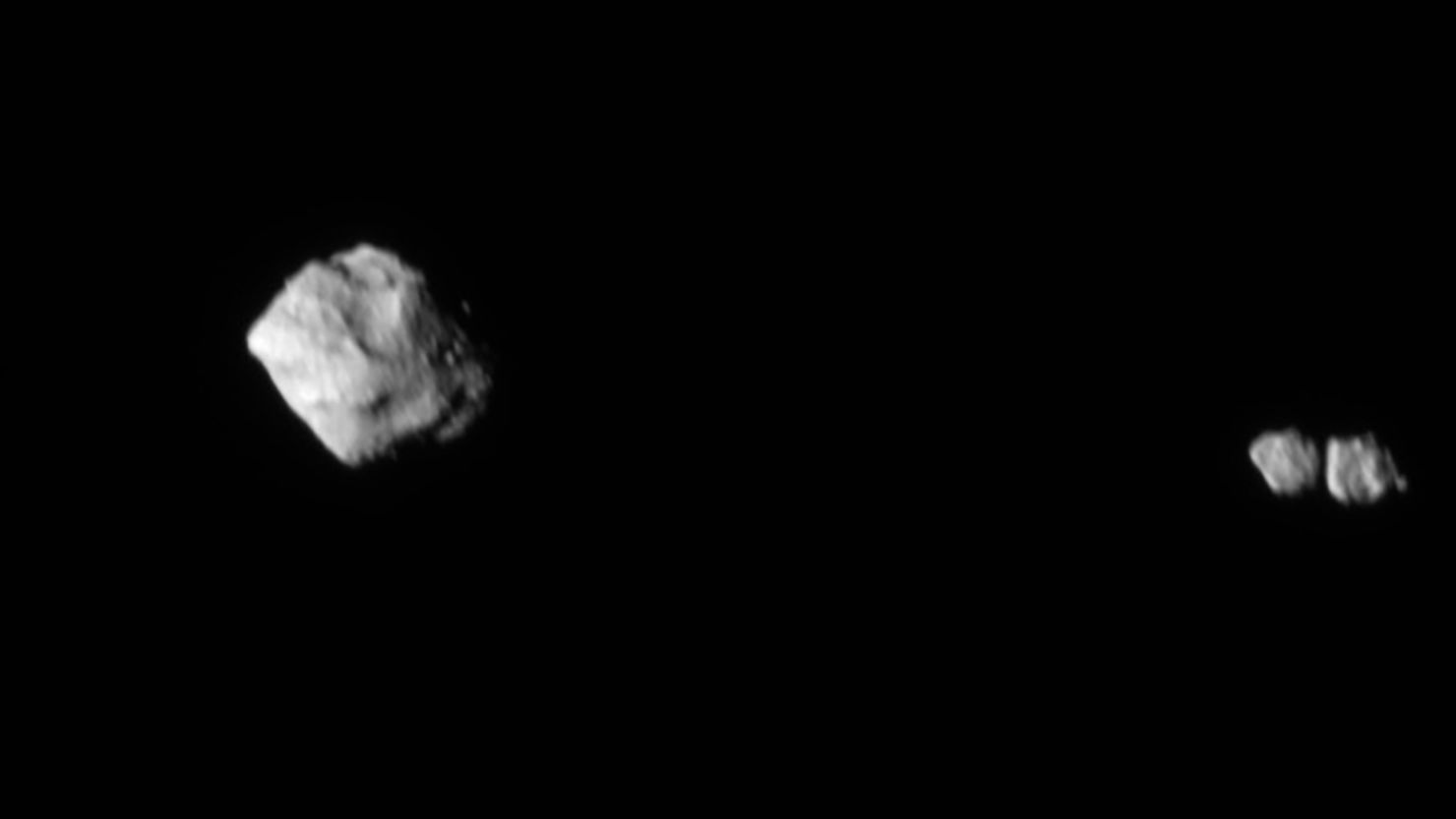 The Lucy mission captured additional imagery revealing that the asteroid Dinkinesh (left) has a contact binary companion, or two space rocks that are touching one another.