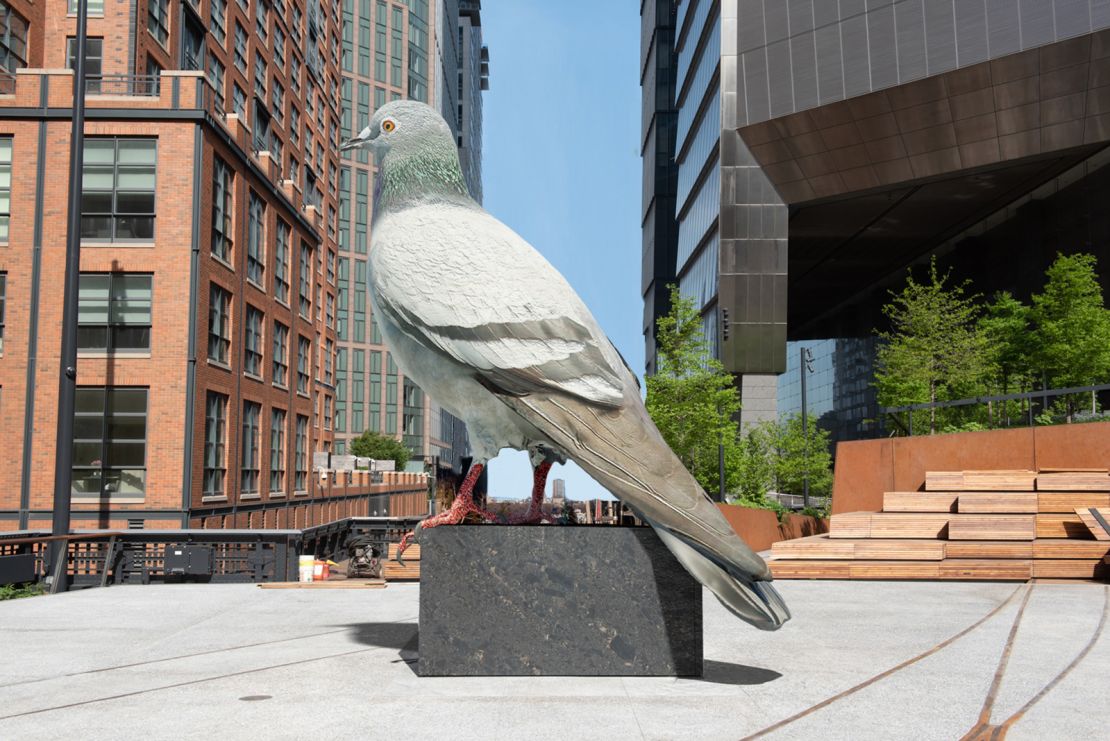 The 16-ft-tall pigeon is made of aluminum and will be on display at the plinth at the Tenth Avenue and 30th Street intersection.