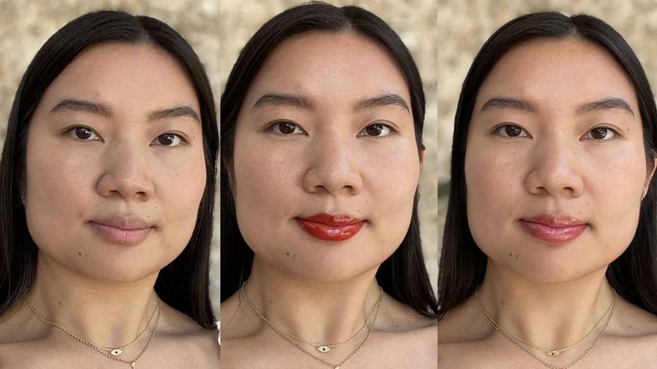 Left: No product. Middle: Dior Addict Lip Maximizer Plumping Gloss in 028 Dior 8 Intense. Right: Buxom Full-On Plumping Lip Polish in Natalie.