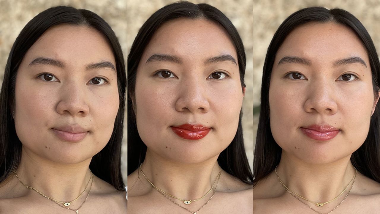 Left: No product. Middle: Dior Addict Lip Maximizer Plumping Gloss in 028 Dior 8 Intense. Right: Buxom Full-on Plumping Lip Polish in Natalie.