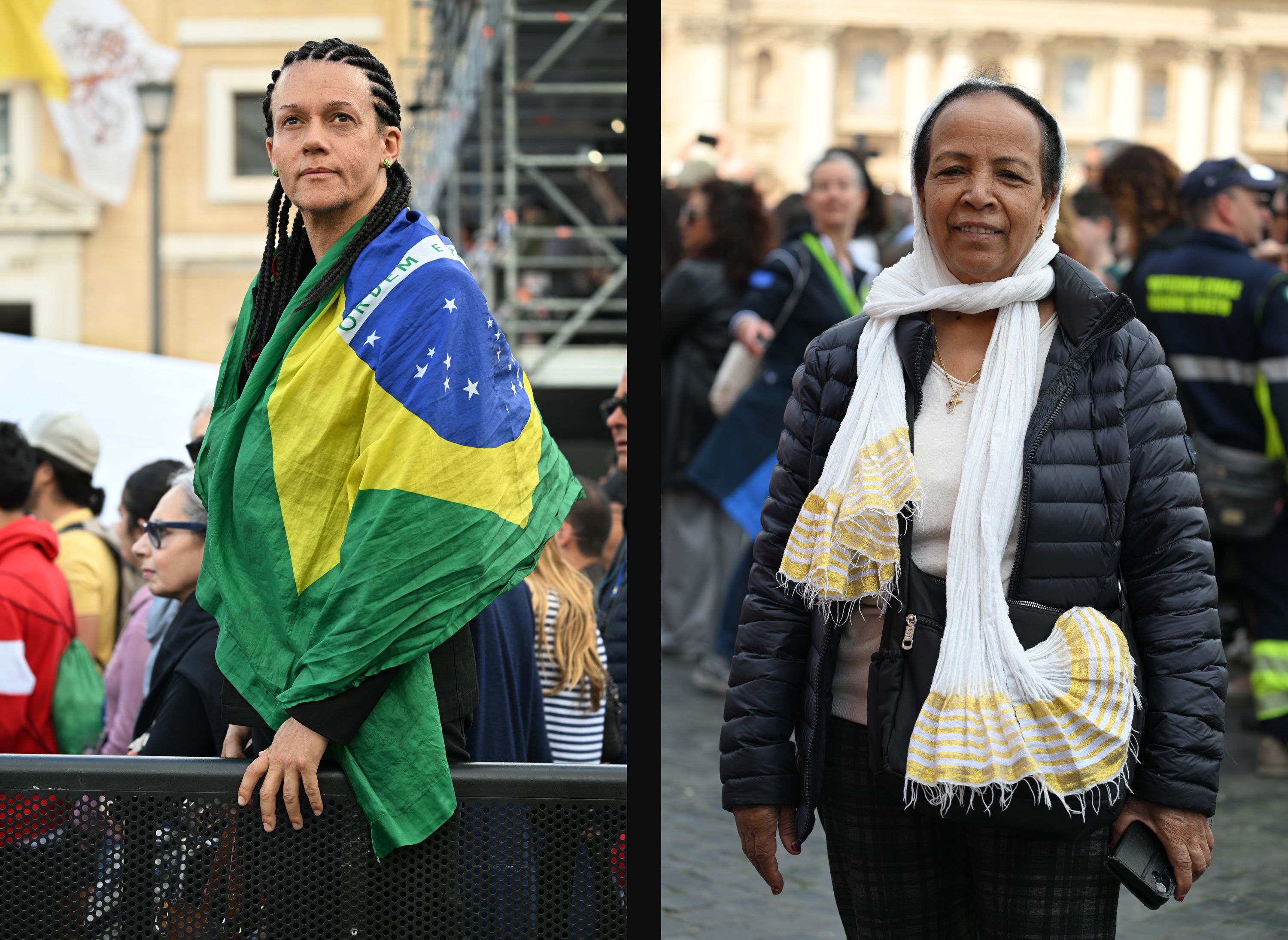 Giovanni Douglas-Lopes of Brazil, left, and Teresa Araya of Eretrea both reside in Rome and waited in line for hours Friday to see Pope Francis lying in state. Douglas-Lopes said it is a privilege to be here and witness this week: "I was here at the last conclave when he was chosen to be the pope, and now I am here at the time of his death." Upon reflection, Araya said: "I miss the pope. He was the pope for the poor and the children of the world."