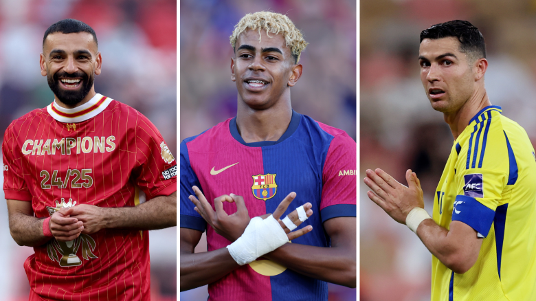 De izquierda a derecha, Mo Salah del Liverpool, Lamine Yamal del FC Barcelona y Cristiano Ronaldo del Al Nassr.