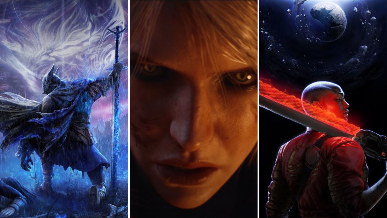 Imagen promocional de "Elden Ring Nightreign" a la izquierda, captura de pantalla del tráiler de "The Witcher IV" en el centro e imagen promocional de Intergalactic: The Heretic Prophet" a la derecha.