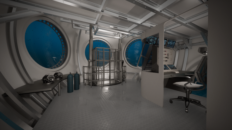 This render shows Sentinel’s dive center. An underwater base could allow scientists to do research that couldn't be done via scuba diving from the surface.