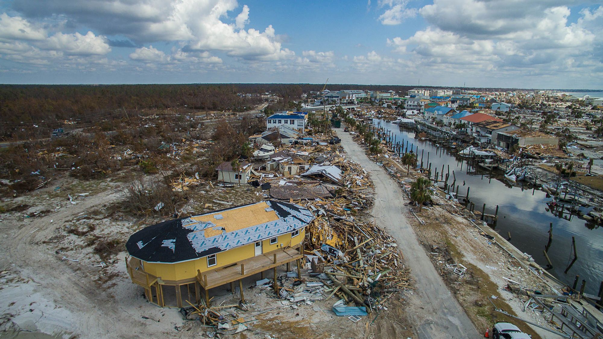 A house designed by US firm Deltec — which claims a “99.9% success rate against extreme weather” — stands amid debris in Mexico Beach, Florida, following 2018's Hurricane Michael.