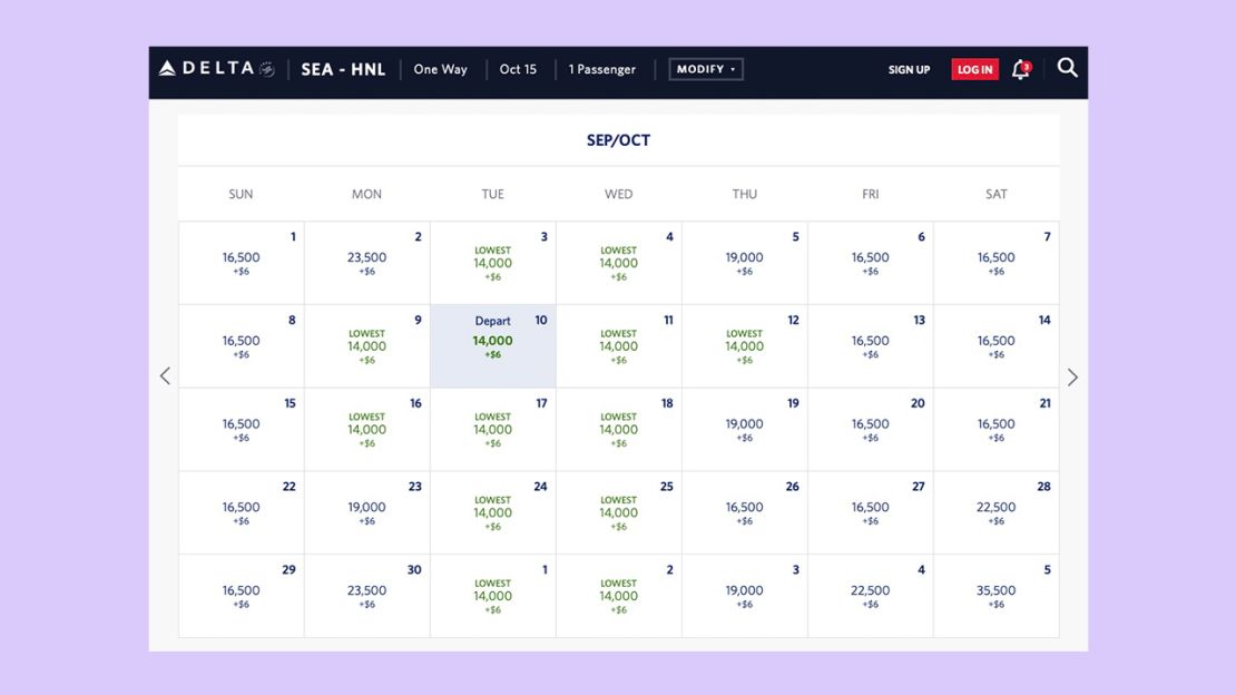 A screenshot of the Delta SkyMiles award calendar for flights from Seattle to Honolulu in September 2024