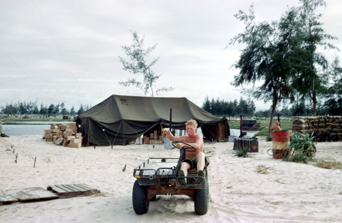 A Marine operates an M274 mule in the bulk fuel area at Cửa Việt Base in October 1966.