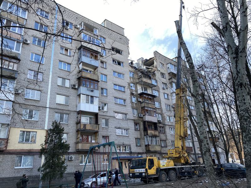 A residential building in Dnipro that has been hit by a Russian drone