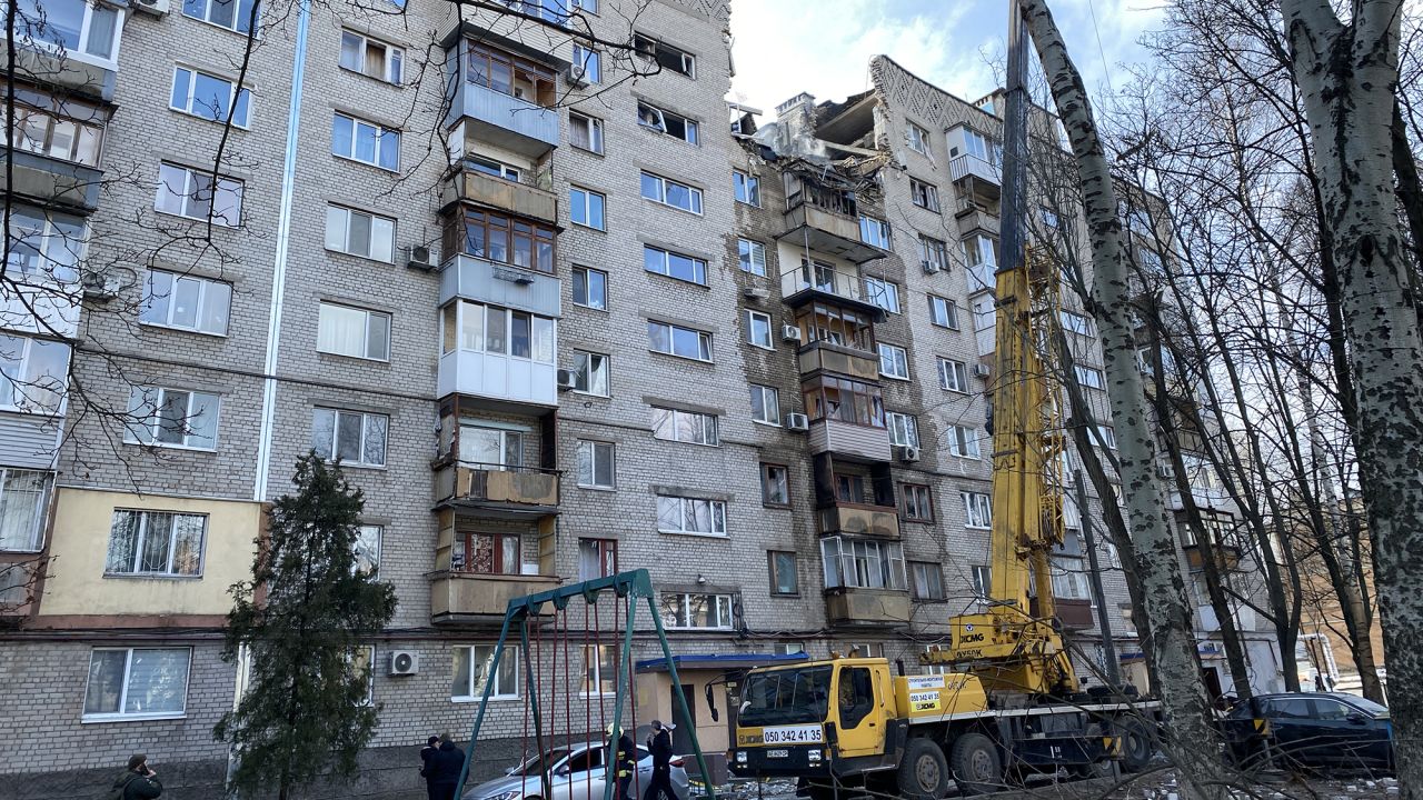 A residential building in Dnipro that has been hit by a Russian drone
