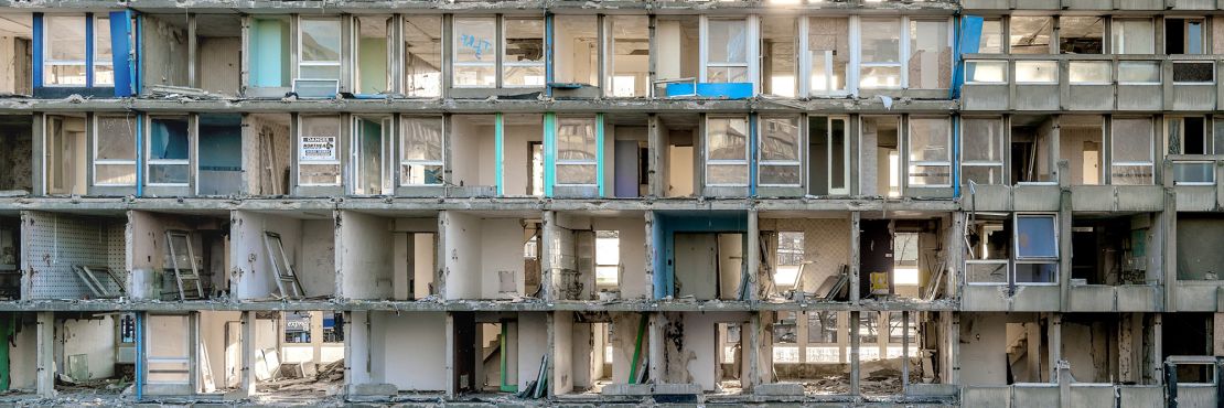 Seemingly akin to a doll's house at first glance, it is an East London council building awaiting demolition. It was captured in a film comprised of stitched drone footage by Suh.