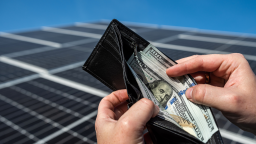 Hands holding a wallet over solar panels