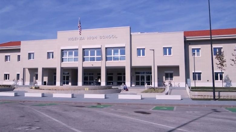 This still from video from the US Army shows Vicenza High School in Italy, which is one of the schools where students walked out over recent Pentagon policies affecting their school.