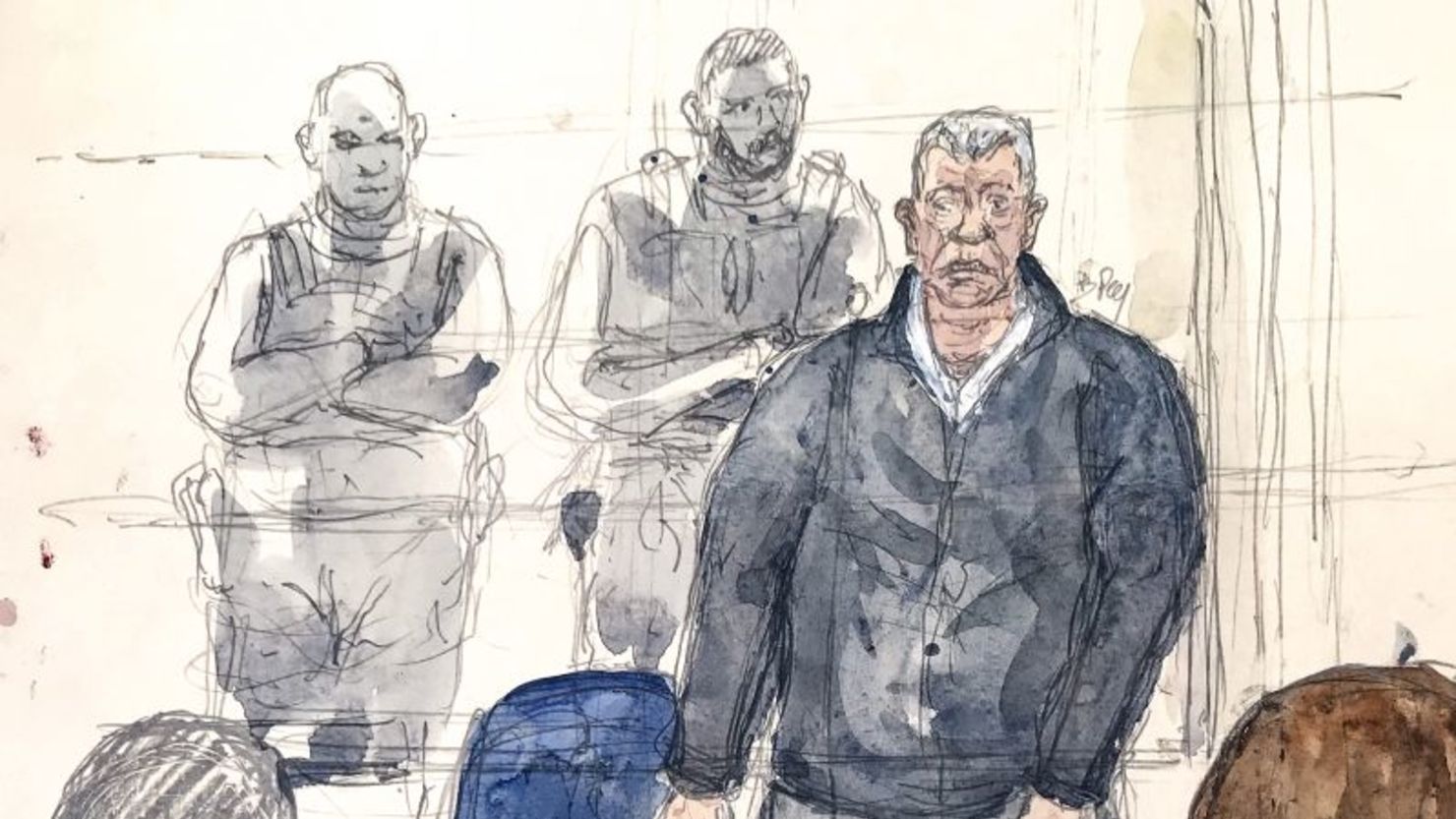 Un boceto de la sala del tribunal del 19 de diciembre de 2024 muestra a Dominique Pelicot, quien drogó, violó e invitó a extraños a hacer lo mismo con su entonces esposa durante una década.