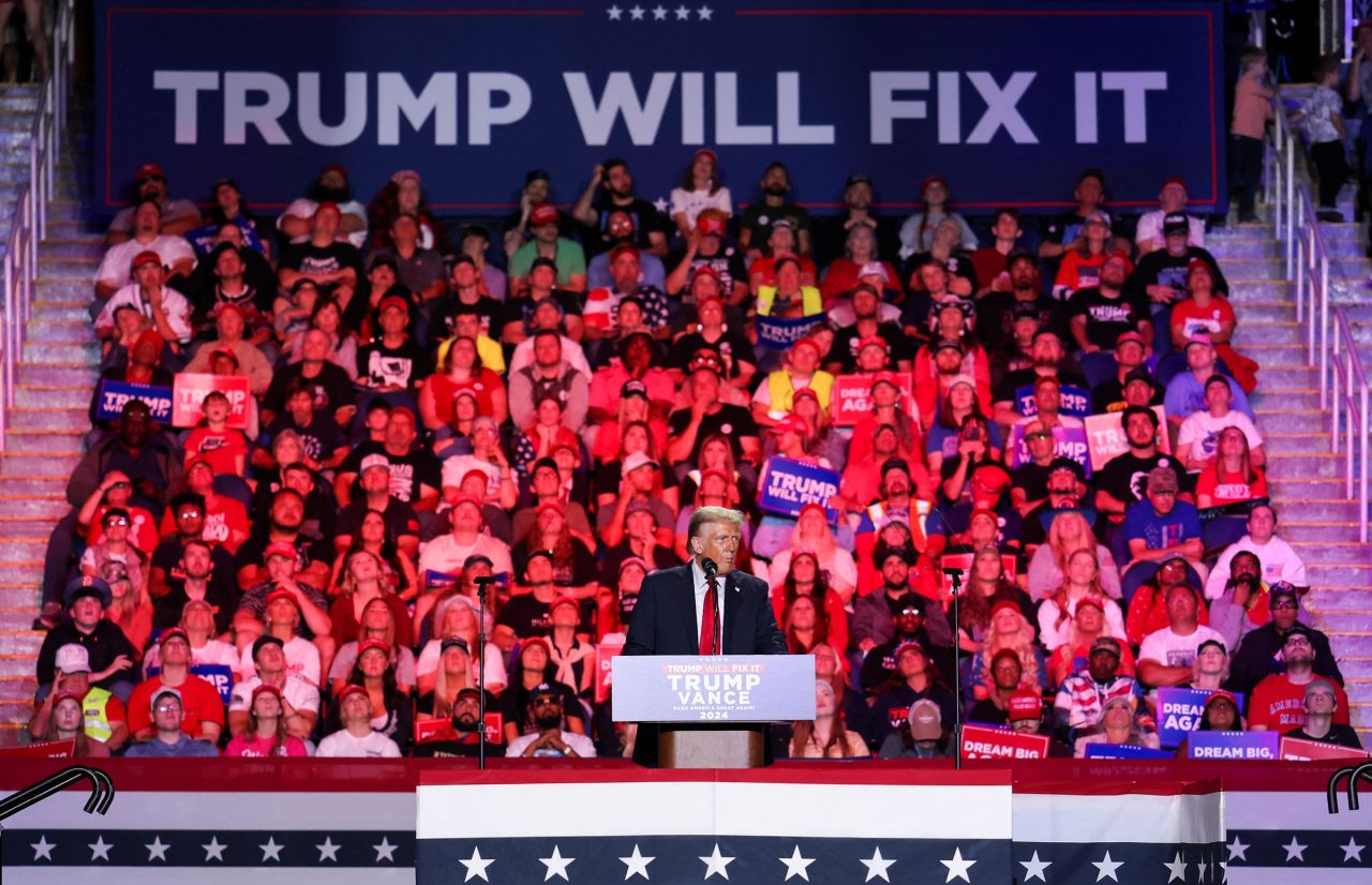 Former President Donald Trump holds a campaign rally in Greensboro, North Carolina, U.S. November 2, 2024. 