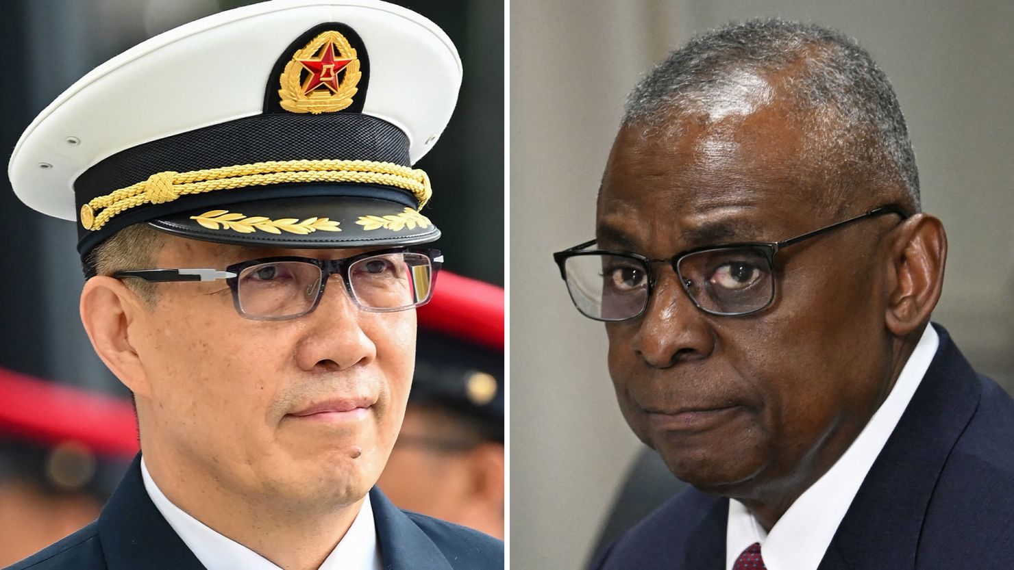 China’s Minister of National Defense Adm. Dong Jun, left, and US Defense Secretary Lloyd Austin, right.