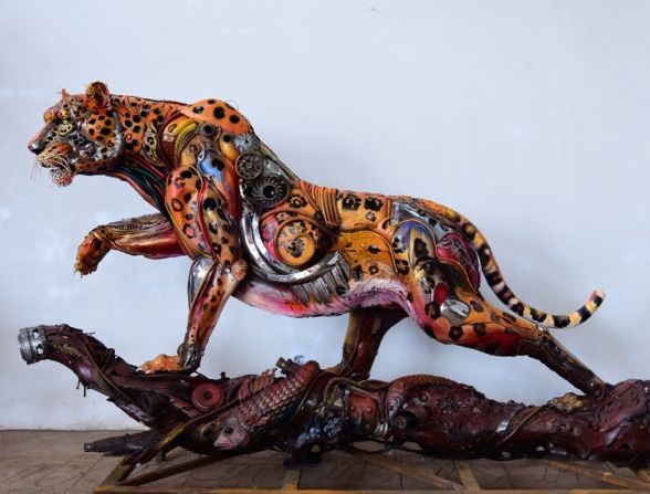 Popoola uses the medium of art to comment on issues that affect Nigeria. This leopard sculpture is named after the Western Nigeria Security Network - named “Amotekun” in the Yoruba language, which translates to “leopard.” The artist says the sculpture represents “the formidability, diligence, and strength” of the group, which was formed by the governors of Western states to increase public safety.