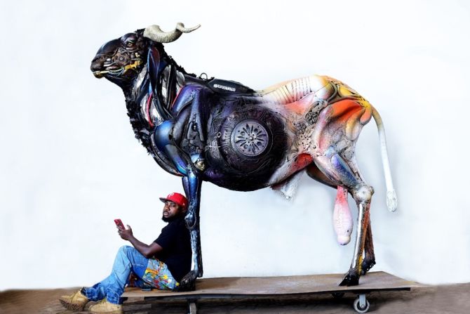 This sculpture of a ram is titled “Rugged.” In addition to pursuing his own work, the award-winning artist set up the Scrap Art Museum in Osun State, southwest Nigeria, focusing on nurturing young talent across Africa.