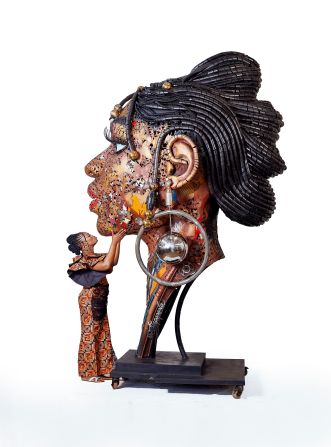 “Irinkemi Asake” was inspired by his wife,<strong> </strong>Adeola Popoola<strong> </strong>(pictured). “At first glance, you would see her graceful curves, raw beauty, and her innate power. But it also represents the pain that Black women have gone through. Each piece of fragmented scraps and butterflies tells a story of her struggles and triumphs, of hardships endured, and barriers overcome,” said Popoola.