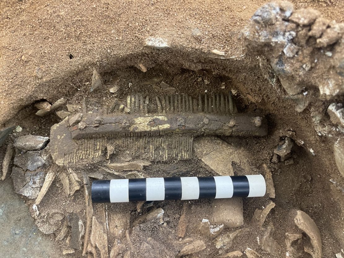 The double-sided antler comb is in surprisingly good condition, given the acidic soil in which it was buried.