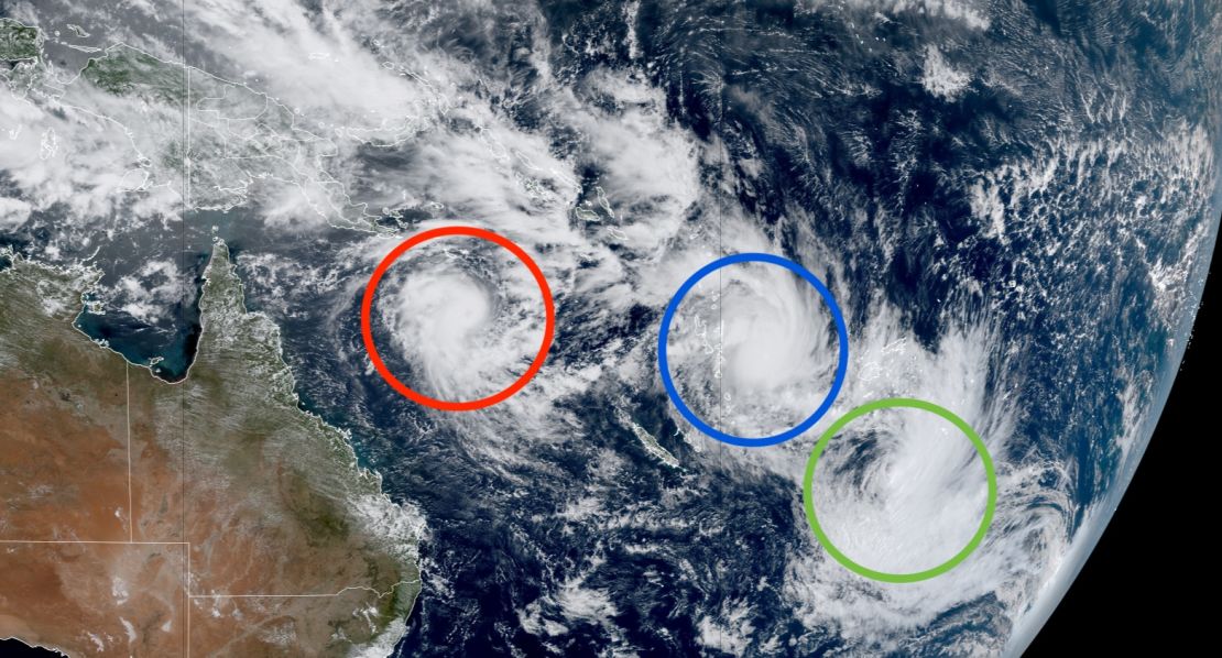 Tropical Cyclone Alfred (circled in red, leftmost circle), Tropical Cylone Seru (circled in blue, center circle) and Tropical Cyclone Rae (circled in green, rightmost circle) are seen in the South Pacific Ocean basin on Tuesday, local time.