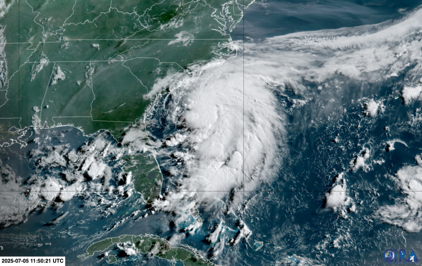Tropical Storm Chantal meanders off the Southeast coast on Saturday morning.