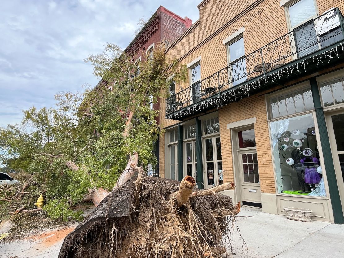 Trees were torn from the sidewalk in downtown Augusta after the city saw about four months’ worth of rain in just two days, along with extremely strong winds.