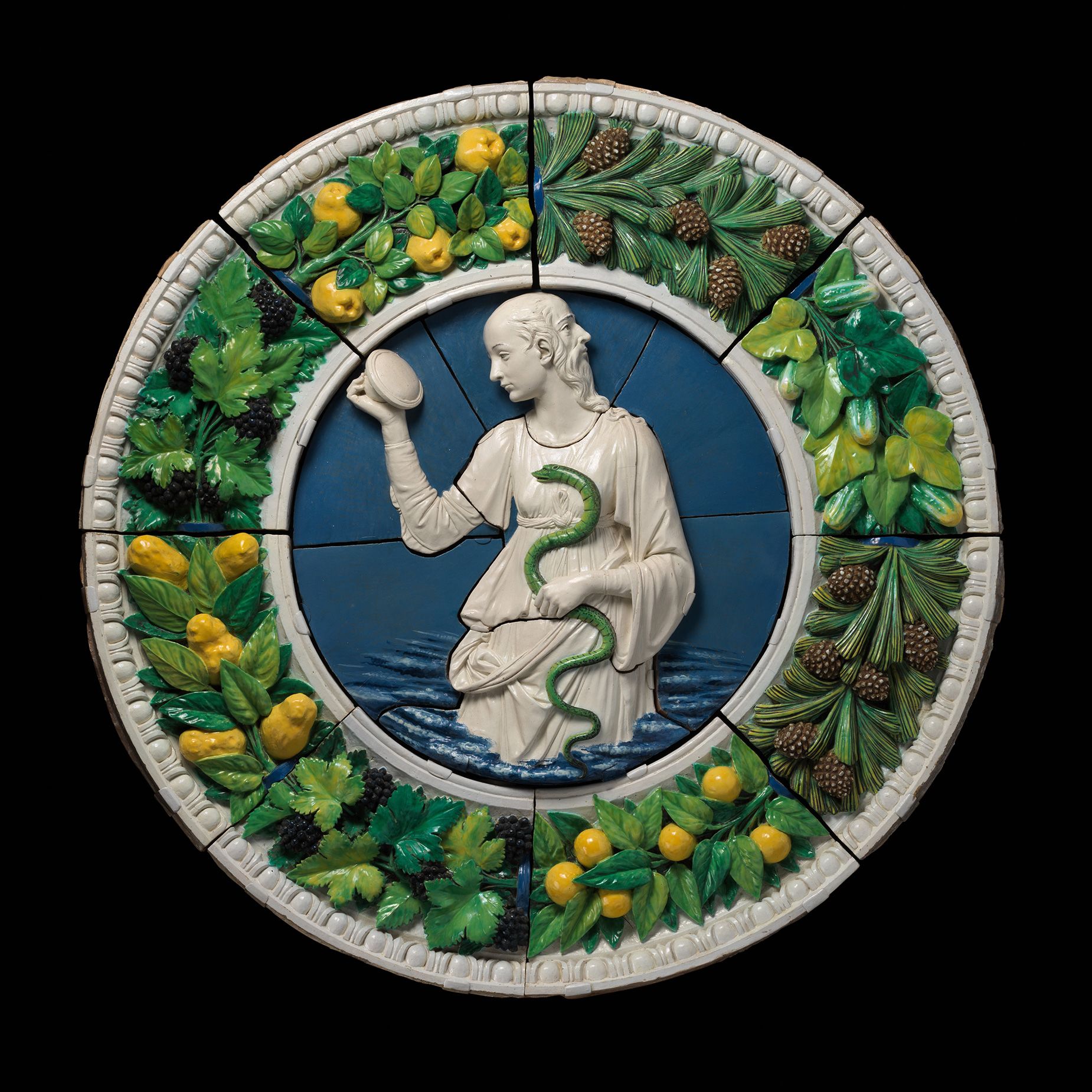 "Prudence" by Andrea della Robbia (circa 1475) depicts a two-headed, balding figure.