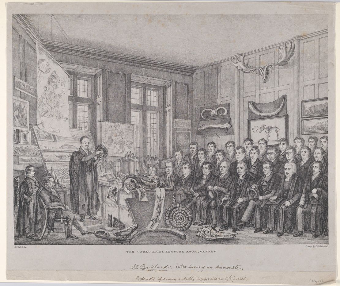 An illustration depicts geologist William Buckland teaching in an Oxford University lecture room on February 15, 1823.