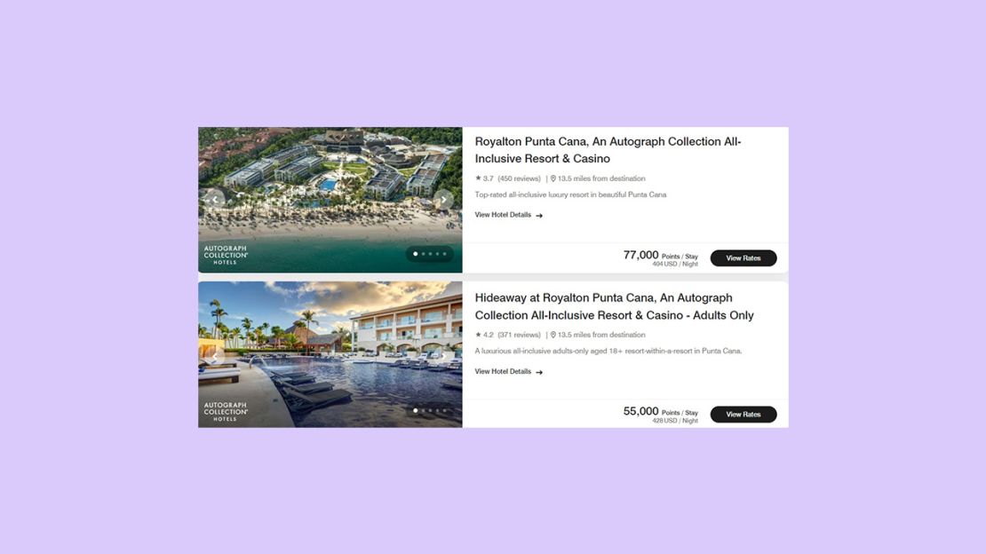 A screenshot showing award pricing at two Marriott hotels in the Dominican Republic