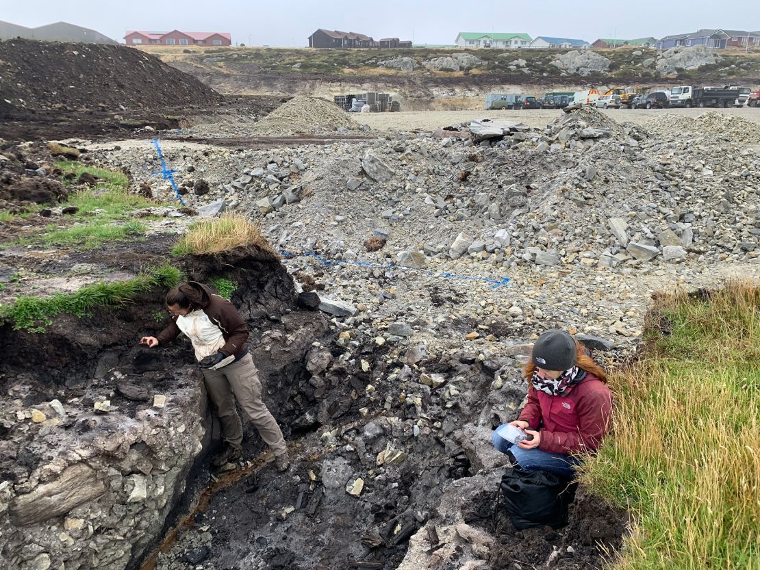 Lead study author Dr. Zo? Thomas (right) and Haidee Cadd, a study coauthor, examine the ditch where the prehistoric tree remains were found on the Falklands.