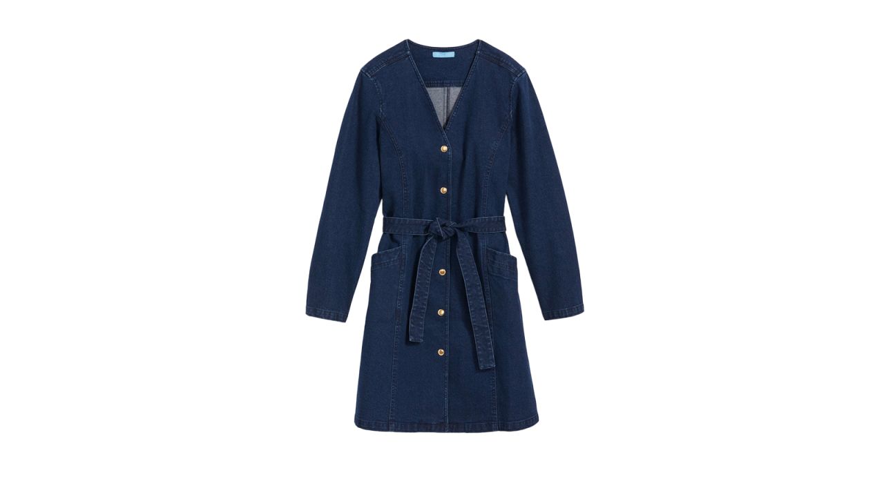 Draper James Colbie Snap Front Dress in Denim on a white background.