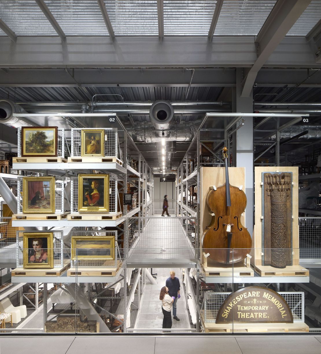 The Weston Collections Hall at V&A East Storehouse, including over 100 mini curated displays on metal storage racking.